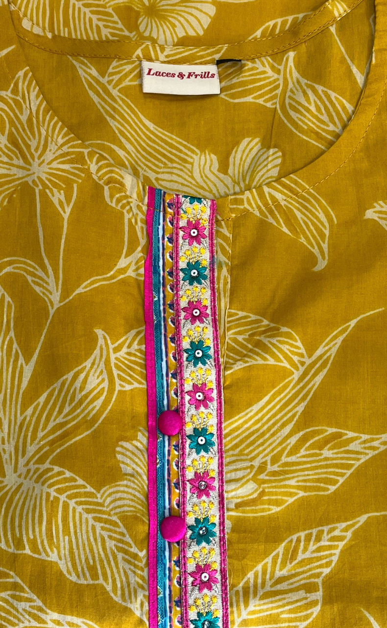 Yellow Floral Jaipur Cotton Kurti With Pant And Dupatta Set. Pure Versatile Cotton. | Laces and Frills