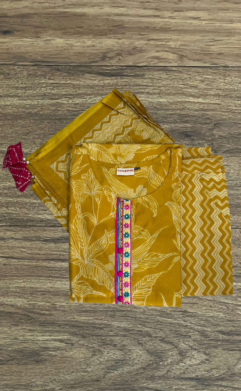 Yellow Floral Jaipur Cotton Kurti With Pant And Dupatta Set. Pure Versatile Cotton. | Laces and Frills