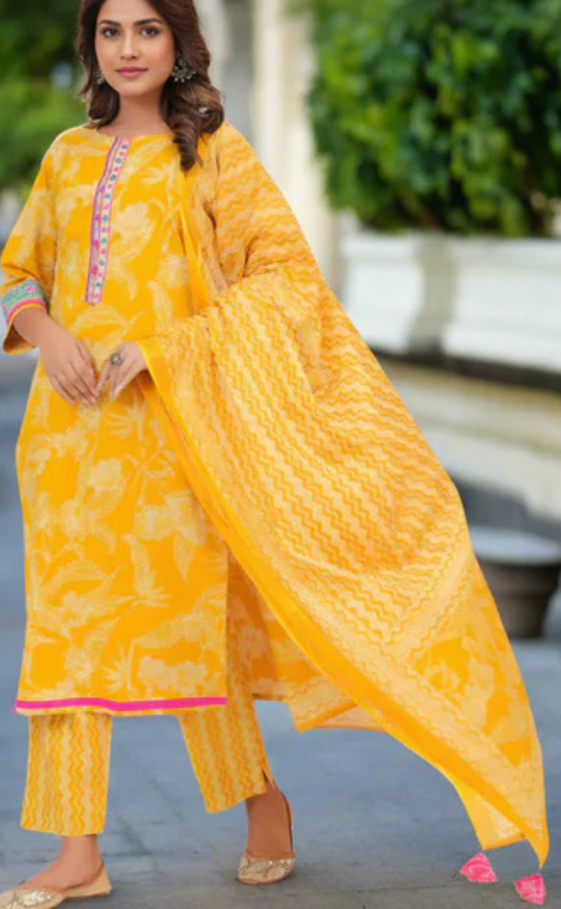 Yellow Floral Jaipur Cotton Kurti With Pant And Dupatta Set. Pure Versatile Cotton. | Laces and Frills - Laces and Frills