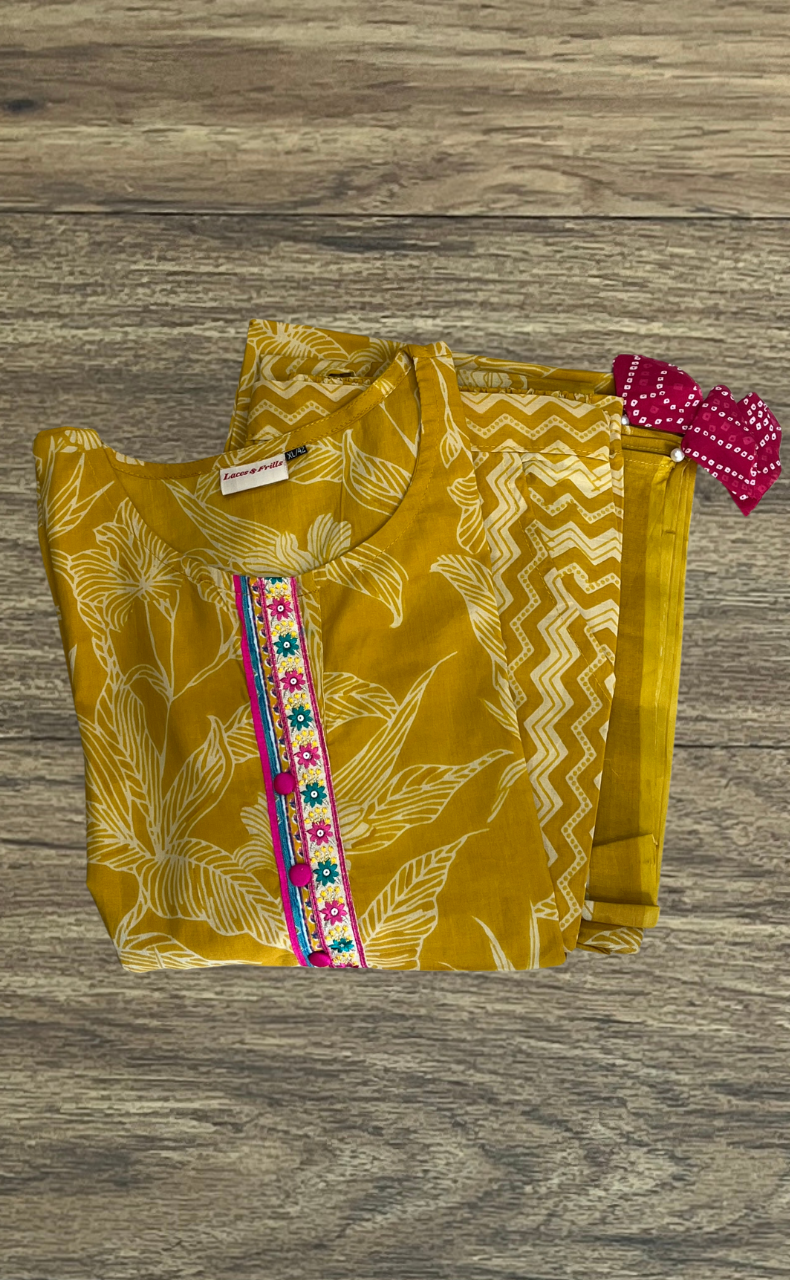 Yellow Floral Jaipur Cotton Kurti With Pant And Dupatta Set. Pure Versatile Cotton. | Laces and Frills