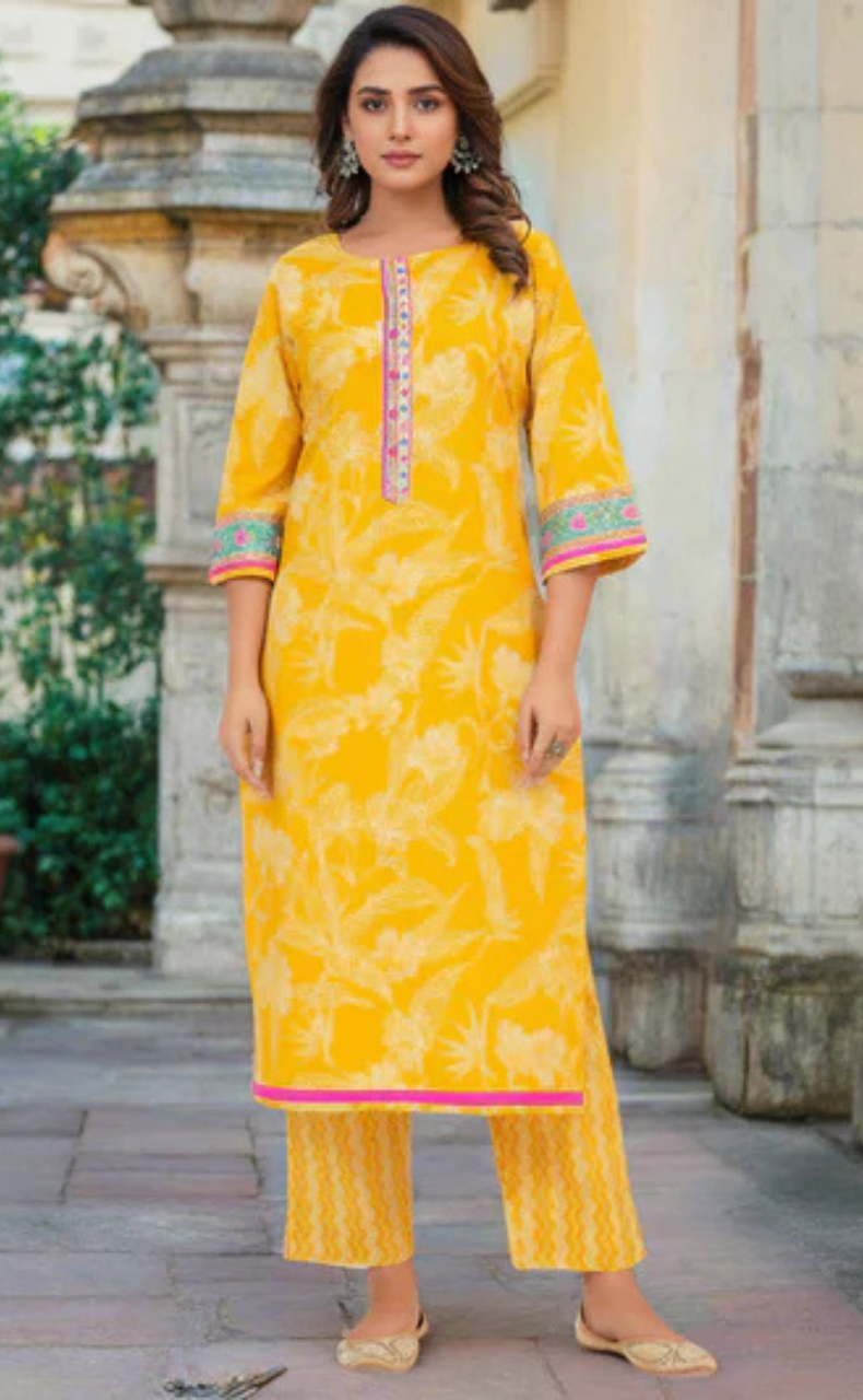 Yellow Floral Jaipur Cotton Kurti With Pant And Dupatta Set. Pure Versatile Cotton. | Laces and Frills - Laces and Frills