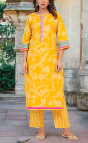 Yellow Floral Jaipur Cotton Kurti With Pant And Dupatta Set. Pure Versatile Cotton. | Laces and Frills