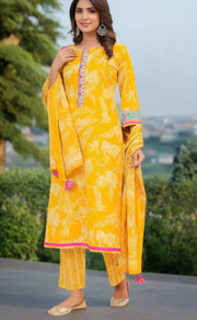 Yellow Floral Jaipur Cotton Kurti With Pant And Dupatta Set. Pure Versatile Cotton. | Laces and Frills - Laces and Frills