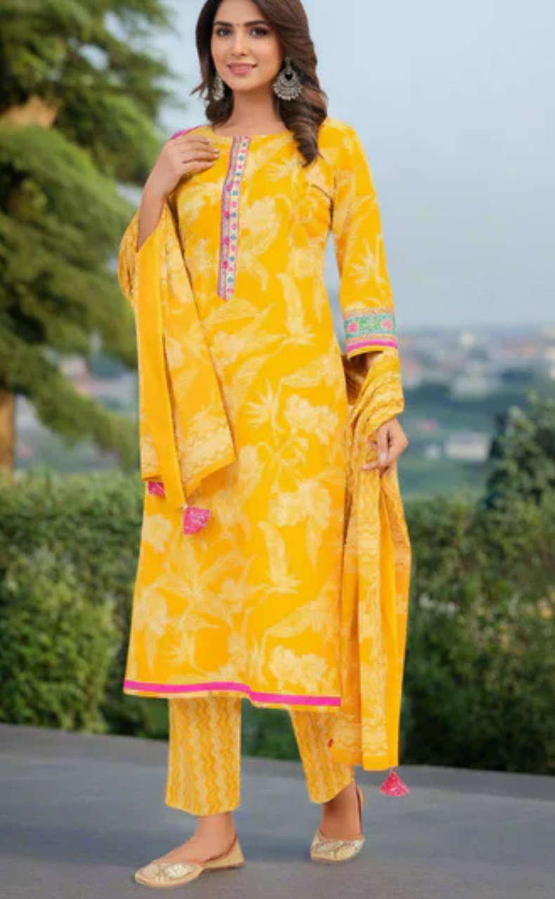 Yellow Floral Jaipur Cotton Kurti With Pant And Dupatta Set. Pure Versatile Cotton. | Laces and Frills - Laces and Frills