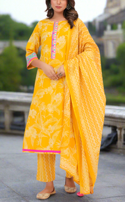 Yellow Floral Jaipur Cotton Kurti With Pant And Dupatta Set. Pure Versatile Cotton. | Laces and Frills
