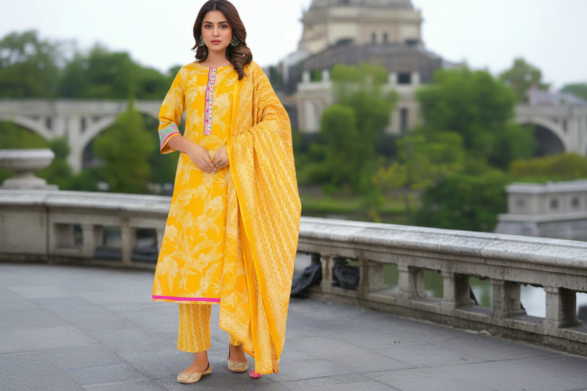 Yellow - Jaipur Print Patchwork Cotton Unstitched Kurta Material (3.35m) 50