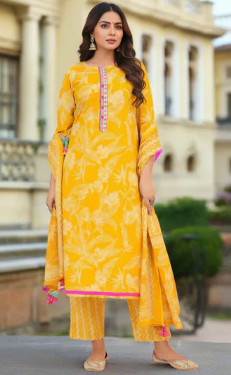 Yellow Floral Jaipur Cotton Kurti With Pant And Dupatta Set. Pure Versatile Cotton. | Laces and Frills - Laces and Frills