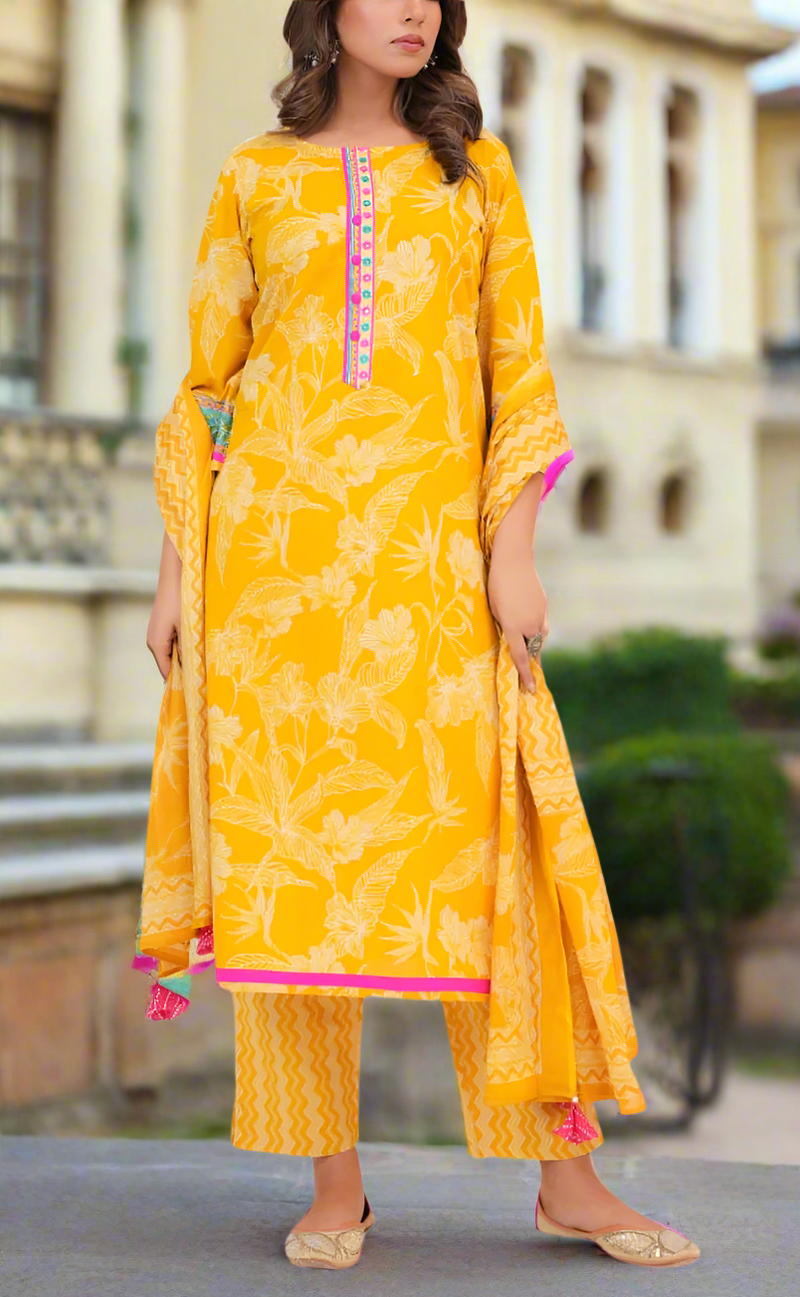 Yellow Floral Jaipur Cotton Kurti With Pant And Dupatta Set. Pure Versatile Cotton. | Laces and Frills