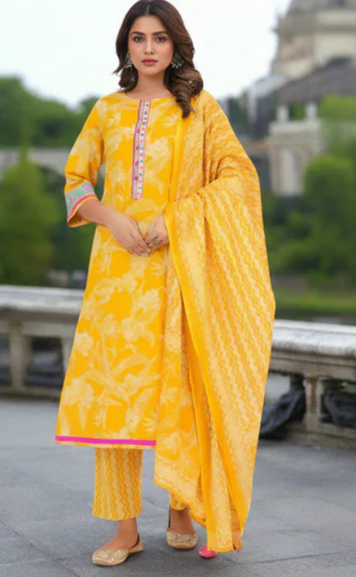 Yellow Floral Jaipur Cotton Kurti With Pant And Dupatta Set. Pure Versatile Cotton. | Laces and Frills - Laces and Frills