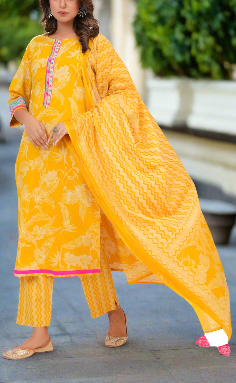Yellow Floral Jaipur Cotton Kurti With Pant And Dupatta Set. Pure Versatile Cotton. | Laces and Frills