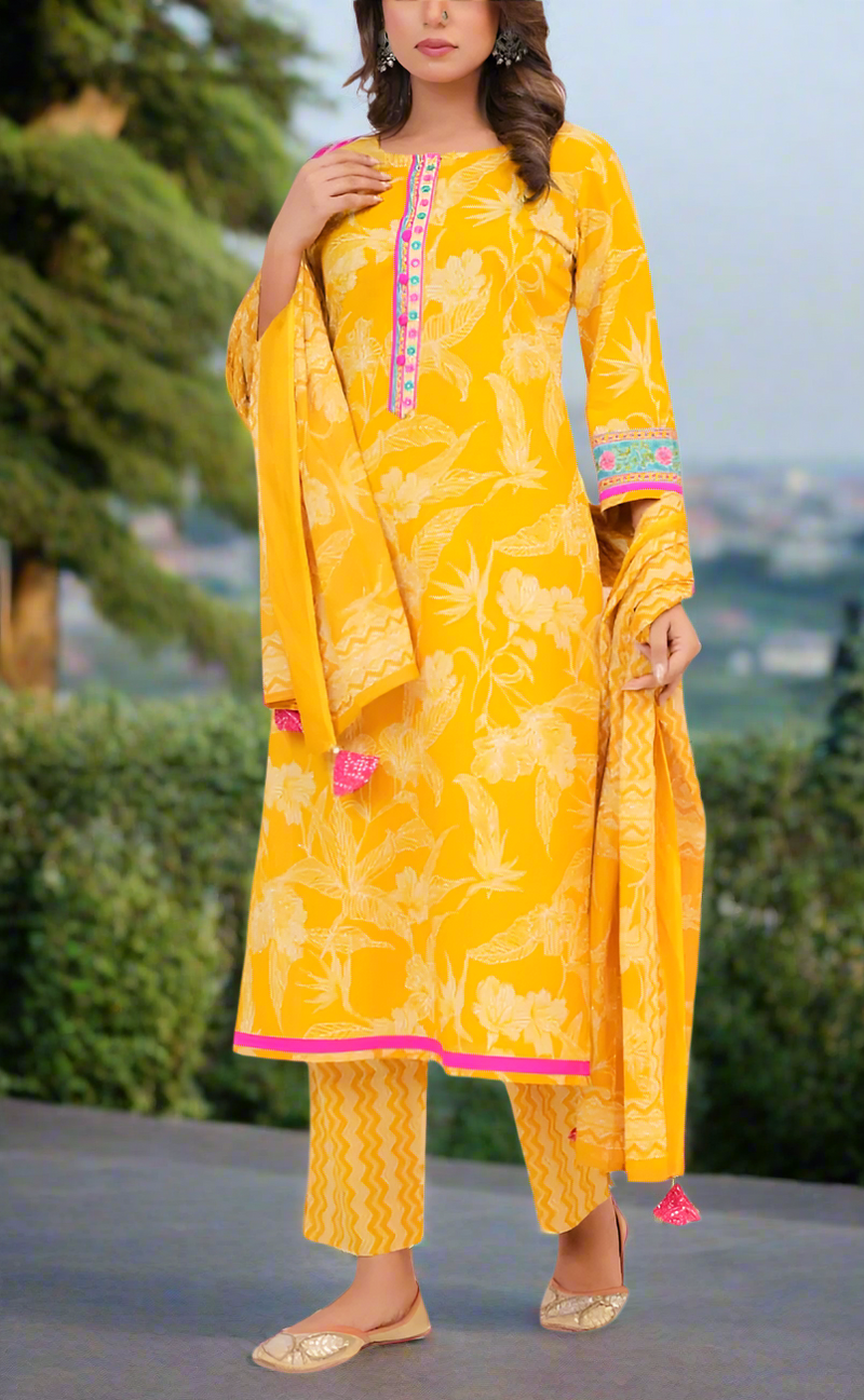 Yellow Floral Jaipur Cotton Kurti With Pant And Dupatta Set. Pure Versatile Cotton. | Laces and Frills