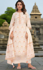 Off White/Peach Floral Garden Jaipur Cotton Kurti With Pant And Dupatta Set. Pure Versatile Cotton. | Laces and Frills - Laces and Frills