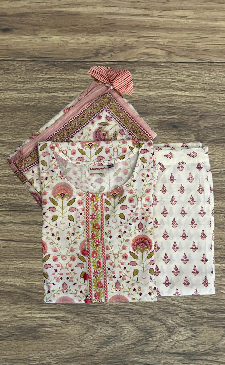 Off White/Peach Floral Garden Jaipur Cotton Kurti With Pant And Dupatta Set. Pure Versatile Cotton. | Laces and Frills