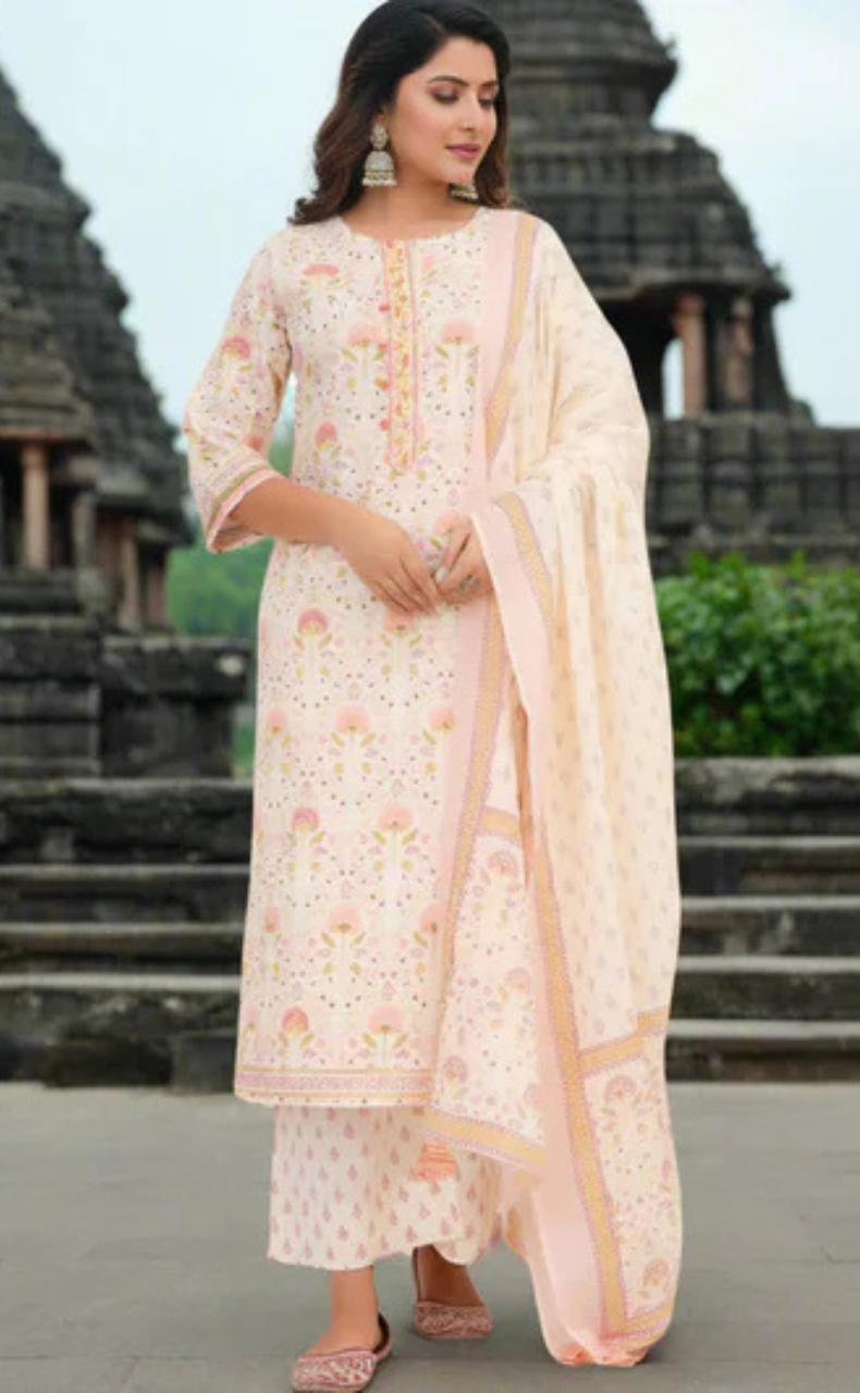 Off White/Peach Floral Garden Jaipur Cotton Kurti With Pant And Dupatta Set. Pure Versatile Cotton. | Laces and Frills - Laces and Frills