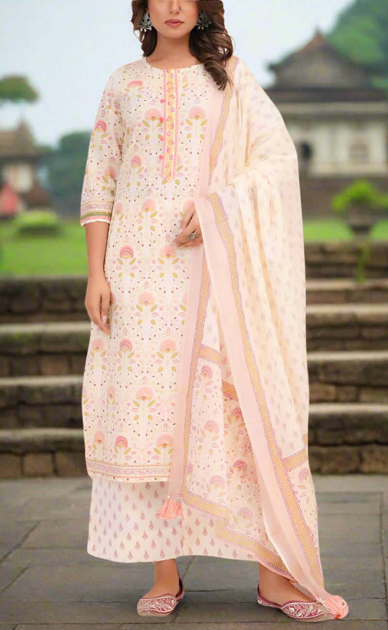 Off White/Peach Floral Garden Jaipur Cotton Kurti With Pant And Dupatta Set. Pure Versatile Cotton. | Laces and Frills