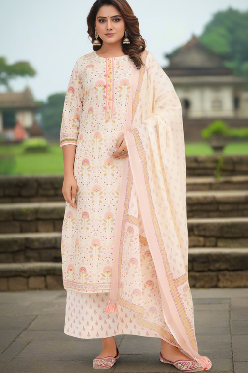 Off White/Peach Floral Garden Jaipur Cotton Kurti With Pant And Dupatta Set. Pure Versatile Cotton. | Laces and Frills