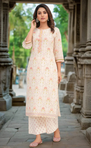 Off White/Peach Floral Garden Jaipur Cotton Kurti With Pant And Dupatta Set. Pure Versatile Cotton. | Laces and Frills - Laces and Frills