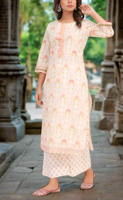 Off White/Peach Floral Garden Jaipur Cotton Kurti With Pant And Dupatta Set. Pure Versatile Cotton. | Laces and Frills