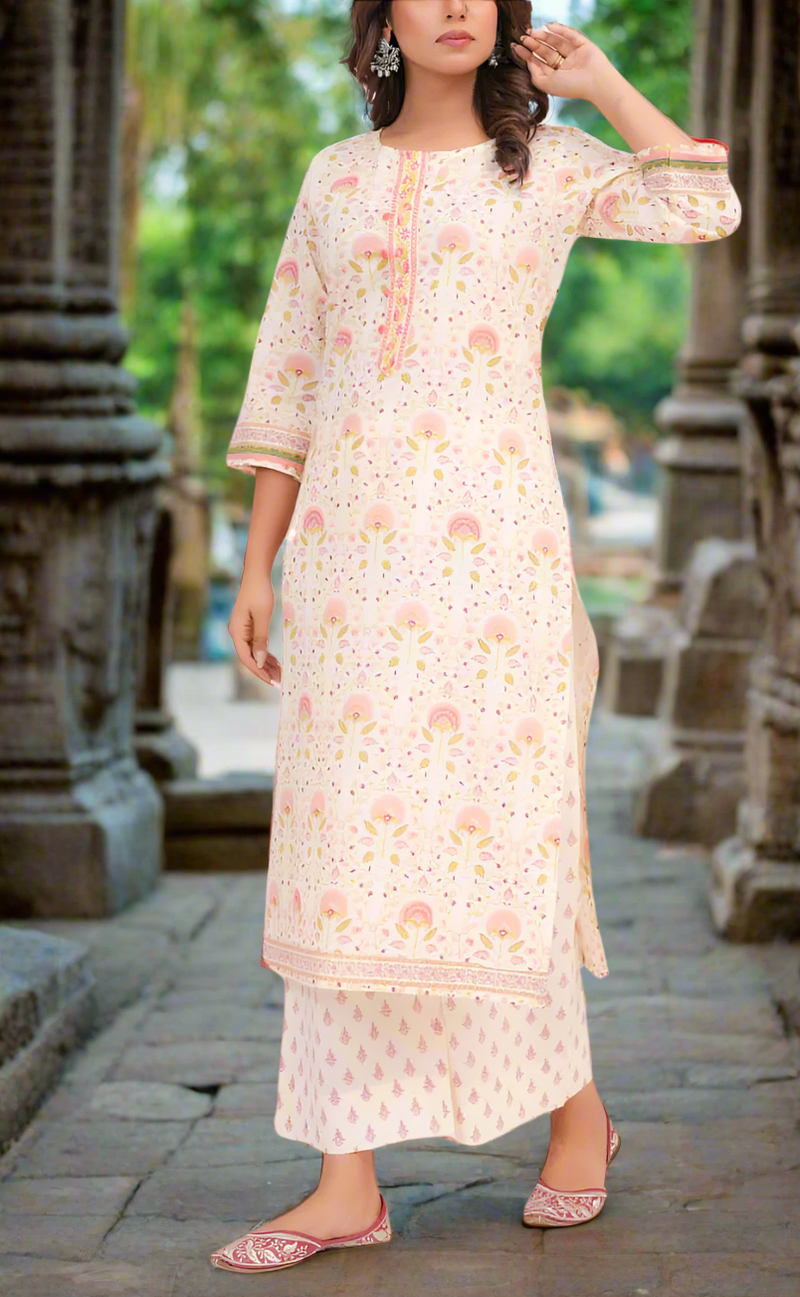 Off White/Peach Floral Garden Jaipur Cotton Kurti With Pant And Dupatta Set. Pure Versatile Cotton. | Laces and Frills