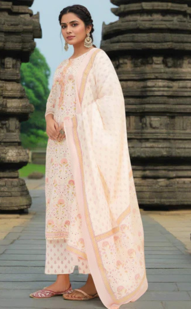 Off White/Peach Floral Garden Jaipur Cotton Kurti With Pant And Dupatta Set. Pure Versatile Cotton. | Laces and Frills - Laces and Frills