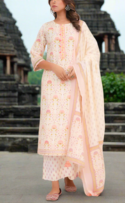 Off White/Peach Floral Garden Jaipur Cotton Kurti With Pant And Dupatta Set. Pure Versatile Cotton. | Laces and Frills