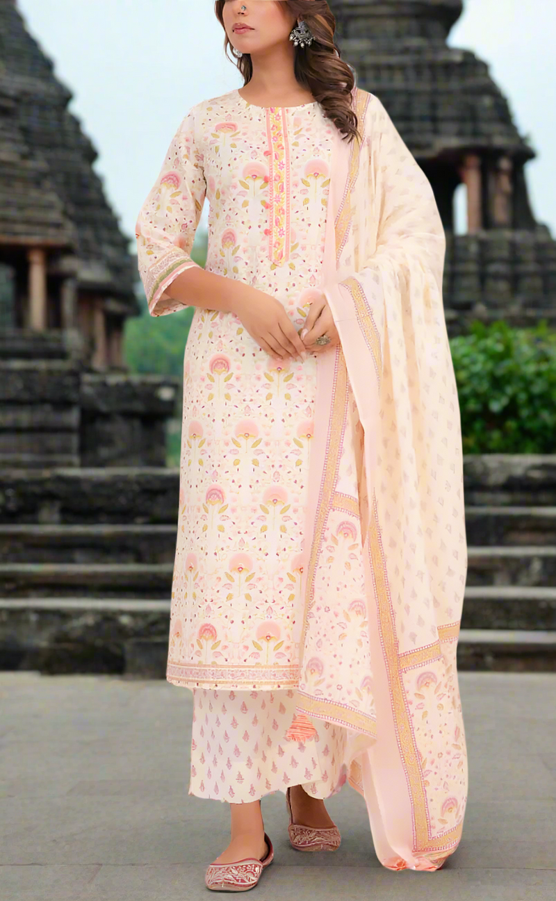 Off White/Peach Floral Garden Jaipur Cotton Kurti With Pant And Dupatta Set. Pure Versatile Cotton. | Laces and Frills