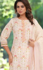 Off White/Peach Floral Garden Jaipur Cotton Kurti With Pant And Dupatta Set. Pure Versatile Cotton. | Laces and Frills - Laces and Frills