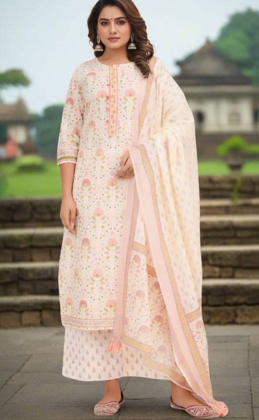 Off White/Peach Floral Garden Jaipur Cotton Kurti With Pant And Dupatta Set. Pure Versatile Cotton. | Laces and Frills - Laces and Frills