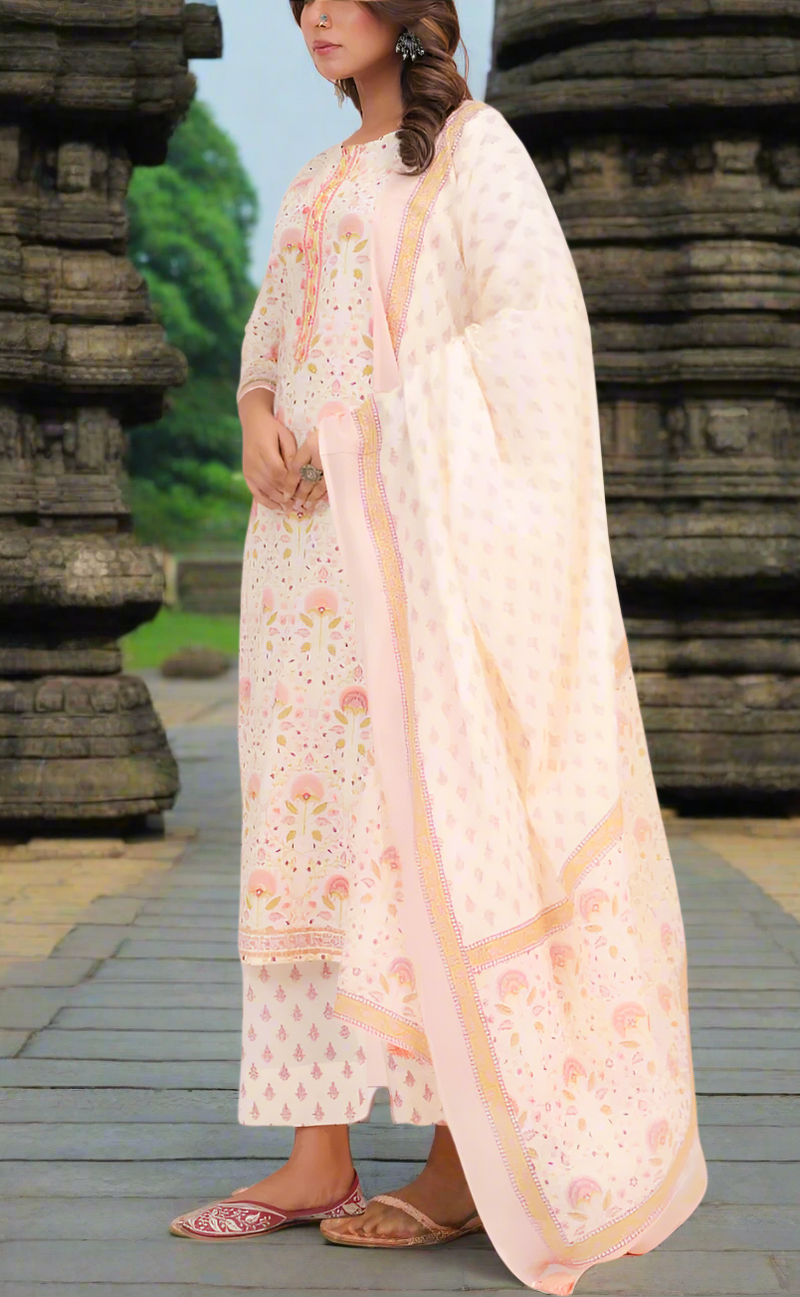 Off White/Peach Floral Garden Jaipur Cotton Kurti With Pant And Dupatta Set. Pure Versatile Cotton. | Laces and Frills