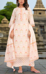 Off White/Peach Floral Garden Jaipur Cotton Kurti With Pant And Dupatta Set. Pure Versatile Cotton. | Laces and Frills