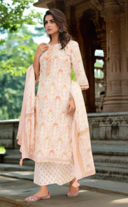 Off White/Peach Floral Garden Jaipur Cotton Kurti With Pant And Dupatta Set. Pure Versatile Cotton. | Laces and Frills - Laces and Frills