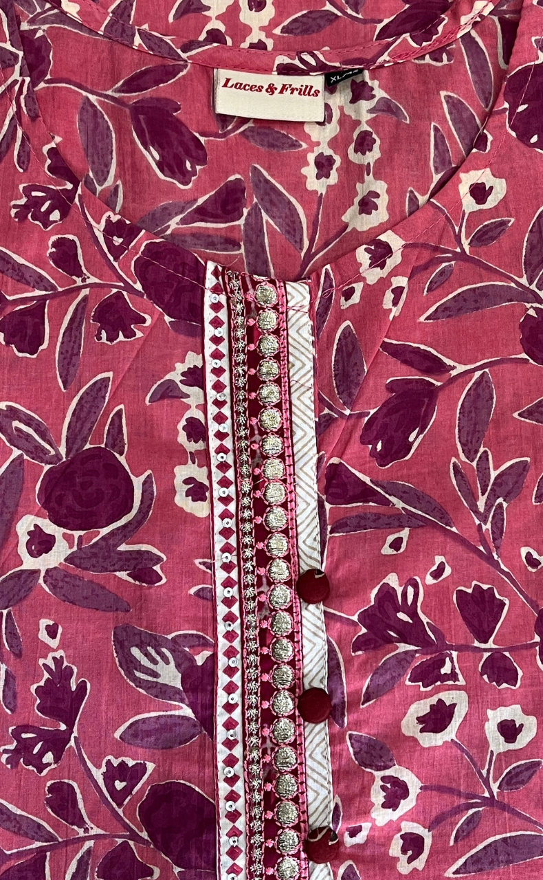 Peach/Pink Floral Jaipur Cotton Kurti With Pant And Dupatta Set. Pure Versatile Cotton. | Laces and Frills