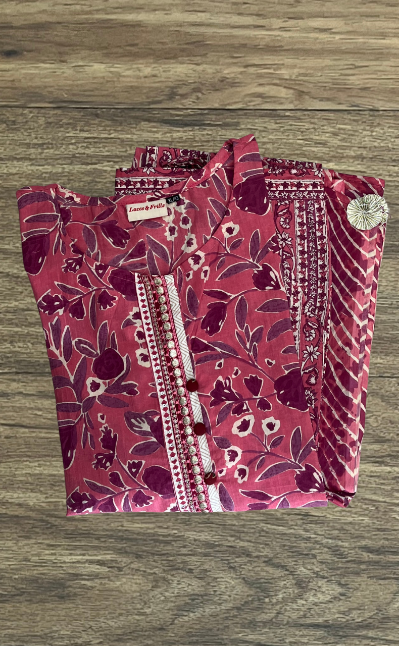 Peach/Pink Floral Jaipur Cotton Kurti With Pant And Dupatta Set. Pure Versatile Cotton. | Laces and Frills
