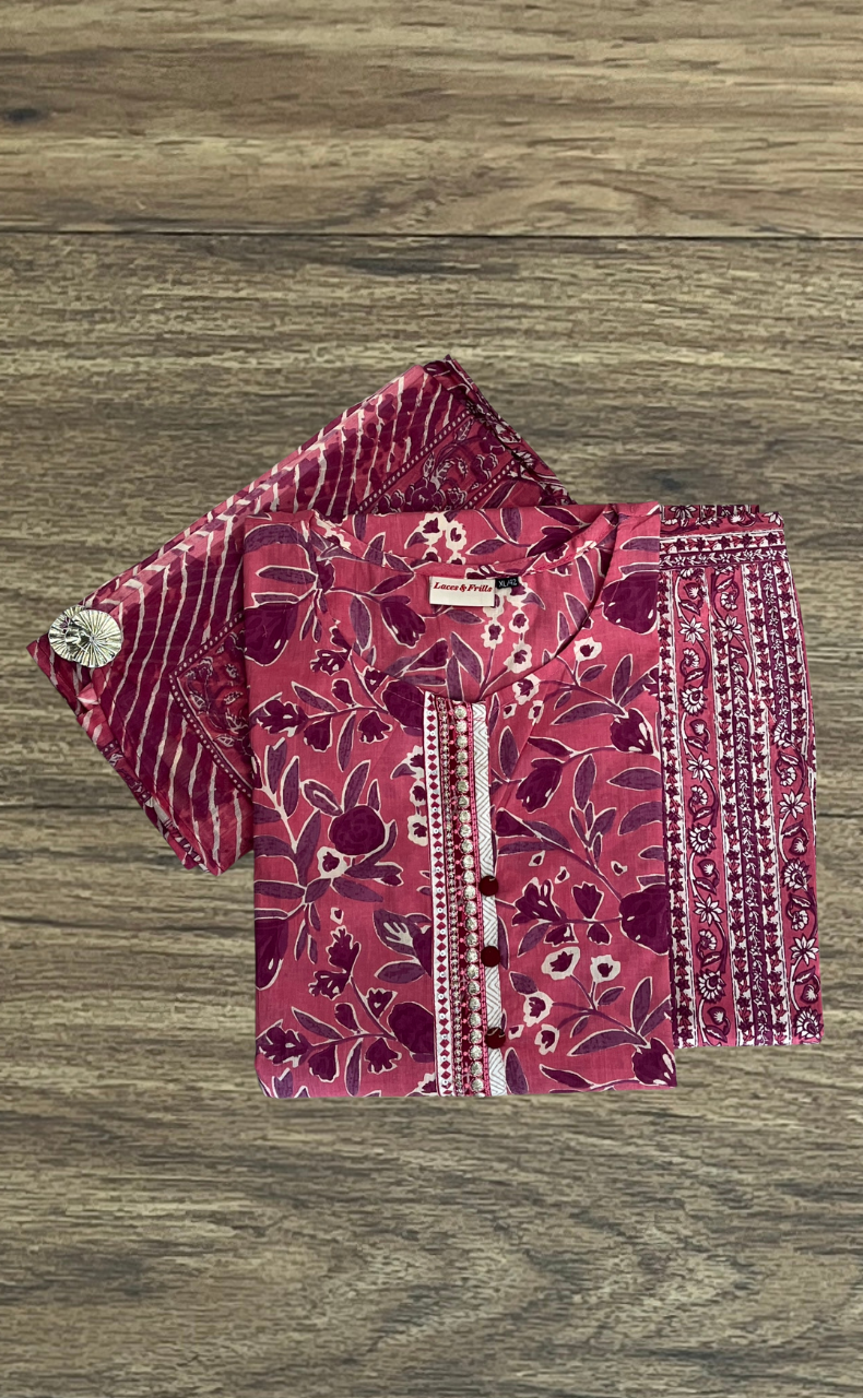 Peach/Pink Floral Jaipur Cotton Kurti With Pant And Dupatta Set. Pure Versatile Cotton. | Laces and Frills