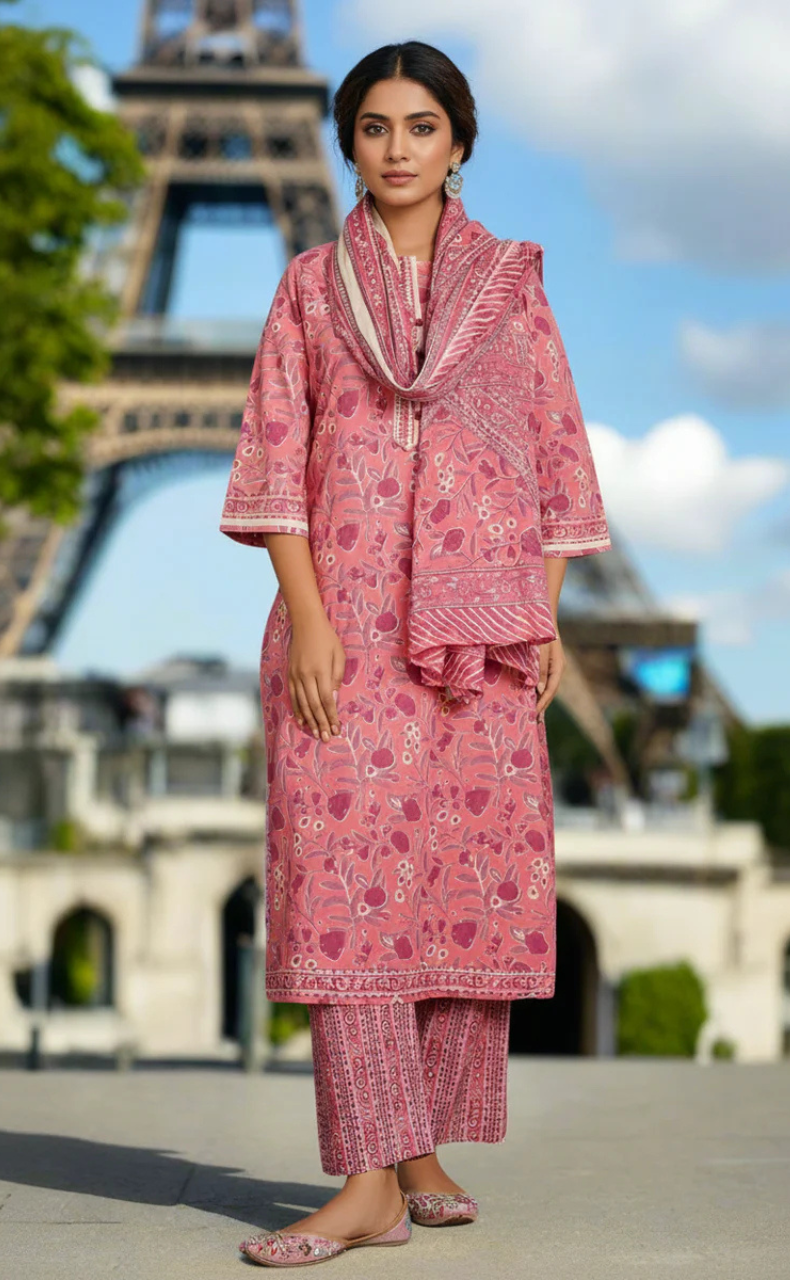 Peach/Pink Floral Jaipur Cotton Kurti With Pant And Dupatta Set. Pure Versatile Cotton. | Laces and Frills