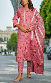 Peach/Pink Floral Jaipur Cotton Kurti With Pant And Dupatta Set. Pure Versatile Cotton. | Laces and Frills