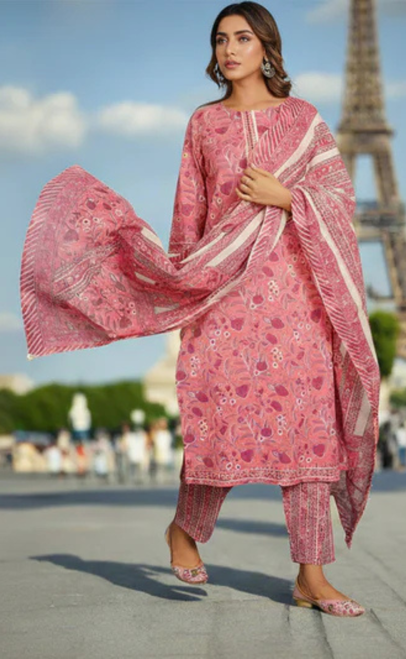 Peach/Pink Floral Jaipur Cotton Kurti With Pant And Dupatta Set. Pure Versatile Cotton. | Laces and Frills