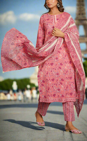 Peach/Pink Floral Jaipur Cotton Kurti With Pant And Dupatta Set. Pure Versatile Cotton. | Laces and Frills