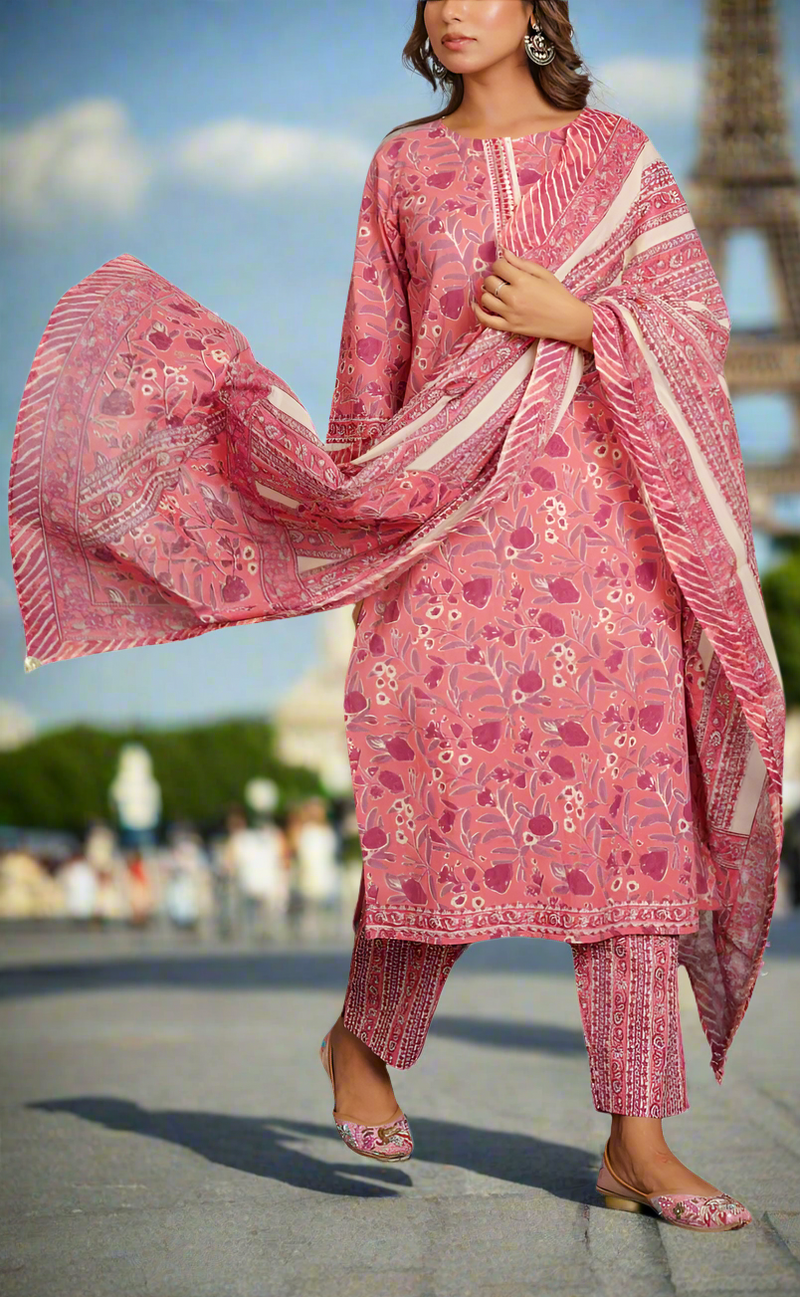 Peach/Pink Floral Jaipur Cotton Kurti With Pant And Dupatta Set. Pure Versatile Cotton. | Laces and Frills