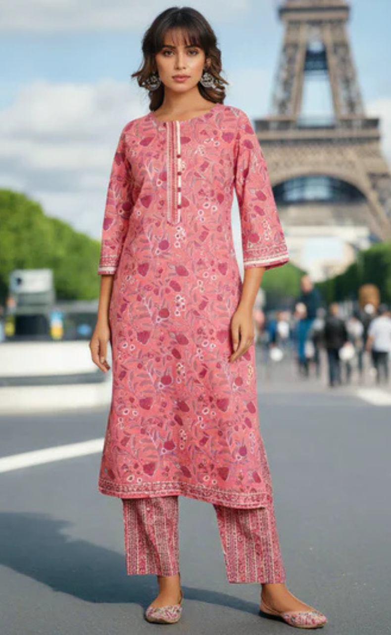 Peach/Pink Floral Jaipur Cotton Kurti With Pant And Dupatta Set. Pure Versatile Cotton. | Laces and Frills