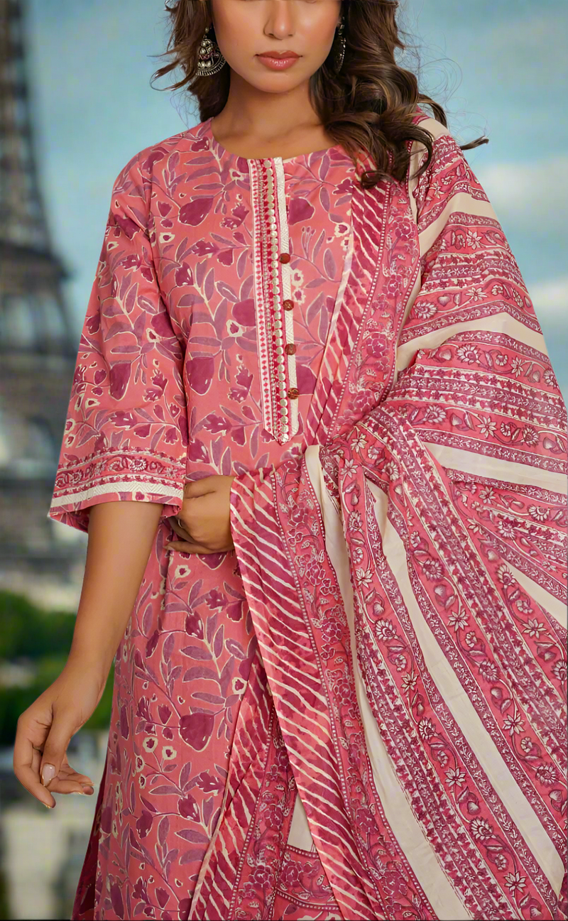 Peach/Pink Floral Jaipur Cotton Kurti With Pant And Dupatta Set. Pure Versatile Cotton. | Laces and Frills