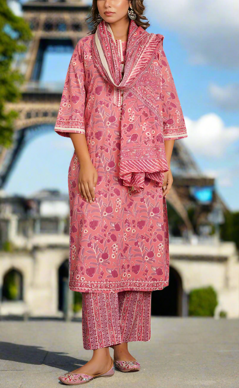 Peach/Pink Floral Jaipur Cotton Kurti With Pant And Dupatta Set. Pure Versatile Cotton. | Laces and Frills