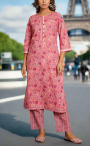 Peach/Pink Floral Jaipur Cotton Kurti With Pant And Dupatta Set. Pure Versatile Cotton. | Laces and Frills