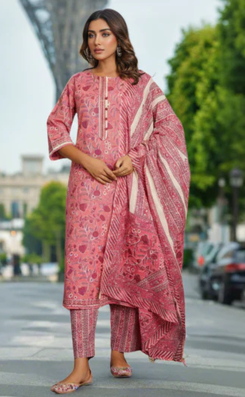 Peach/Pink Floral Jaipur Cotton Kurti With Pant And Dupatta Set. Pure Versatile Cotton. | Laces and Frills