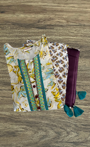 Off White/Yellow/Sea Green Jaipur Cotton Kurti With Pant And Dupatta Set. Pure Versatile Cotton. | Laces and Frills