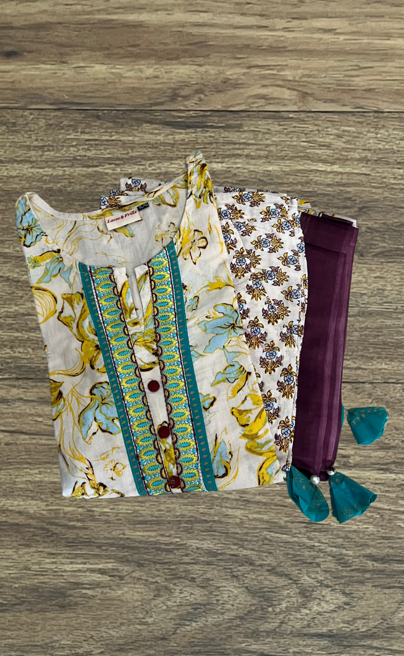 Off White/Yellow/Sea Green Jaipur Cotton Kurti With Pant And Dupatta Set. Pure Versatile Cotton. | Laces and Frills