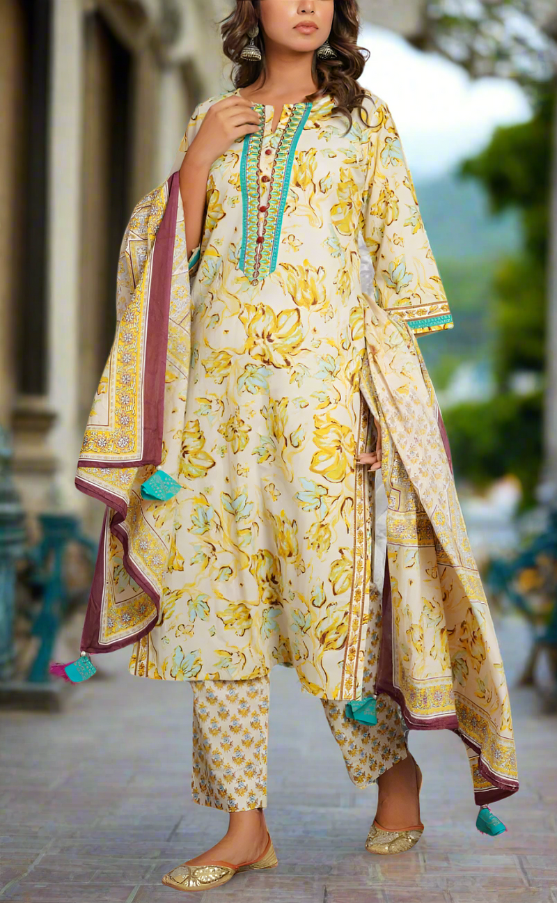 Off White/Yellow/Sea Green Jaipur Cotton Kurti With Pant And Dupatta Set. Pure Versatile Cotton. | Laces and Frills