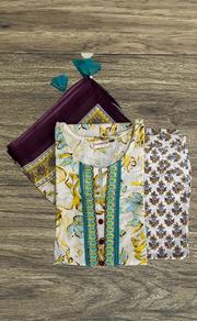 Off White/Yellow/Sea Green Jaipur Cotton Kurti With Pant And Dupatta Set. Pure Versatile Cotton. | Laces and Frills