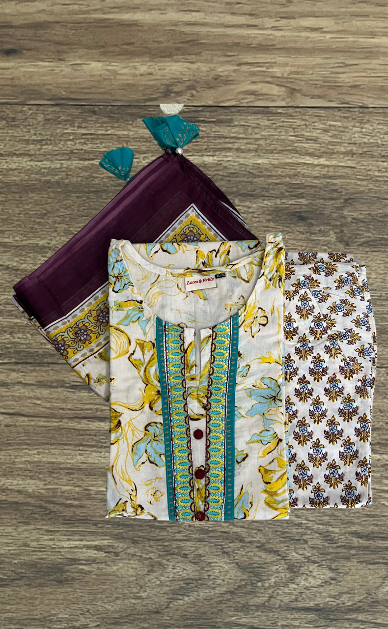 Off White/Yellow/Sea Green Jaipur Cotton Kurti With Pant And Dupatta Set. Pure Versatile Cotton. | Laces and Frills