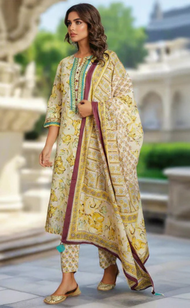 Off White/Yellow/Sea Green Jaipur Cotton Kurti With Pant And Dupatta Set. Pure Versatile Cotton. | Laces and Frills
